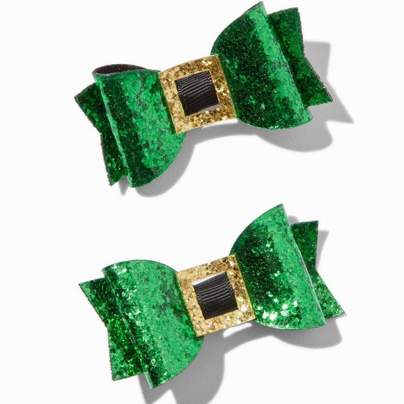 Claire's St. Patrick’s Day Leprechaun Green Black Gold Glitter Hair Bow Clips - Picture 1 of 6